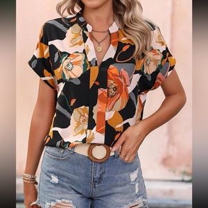 Boho floral print notch neck blouse